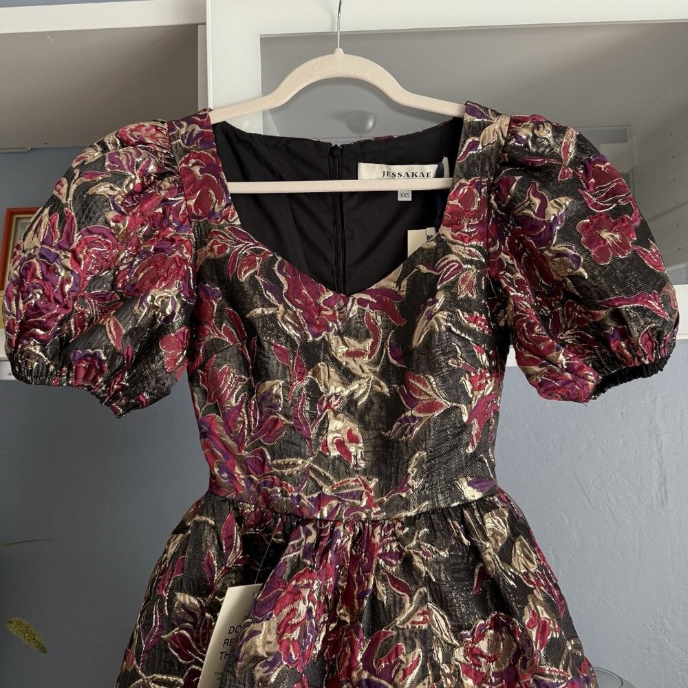 Jessakae Floral Brocade Jacquard Burgundy Gold Metallic Dress Fit & Flare XXS - Picture 2 of 10